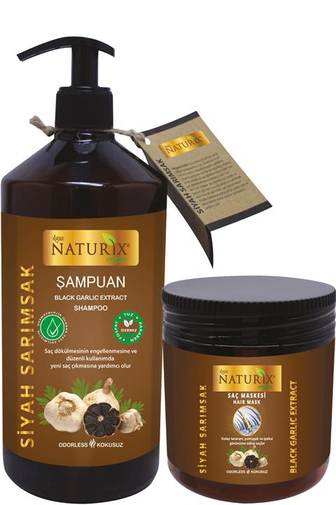 Ilgaz Naturix Organix Tuzsuz Şampuan Saç Dökülme Önleyici Şampuan + Saç Maskesi Saç Çıkarıcı Siyah Sarımsak Özü Set