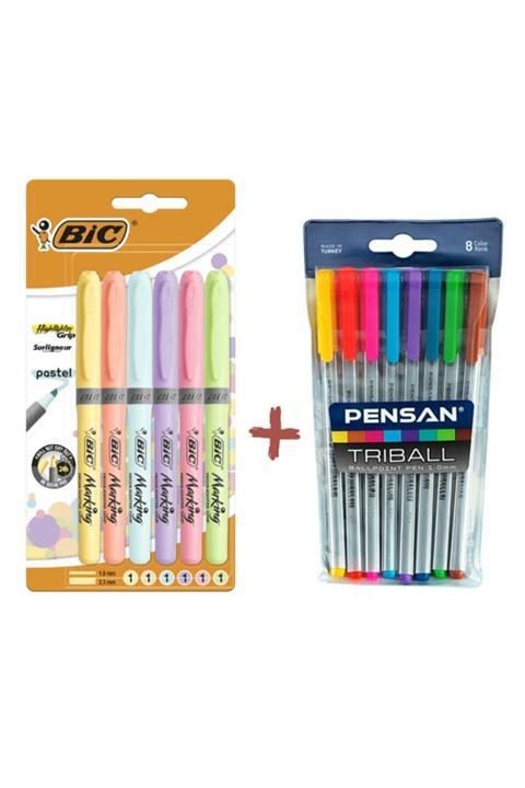 Pensan Triball 8'li Vakumlu Set Bic 6'lı Pastel Fosforlu
