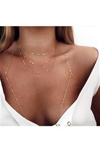 Classy Gold Üçlü Zincir Kolye Ve Üçgen Model Vücut Aksesuarı Set