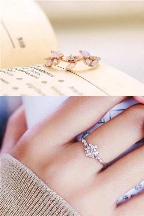 LOTUS GÜMÜŞ Kadın Beyaz Rose Altın Taşlı Sarmaşık Ve Kar Tanesi 2li Set 14 K  Kaplama Yüzük