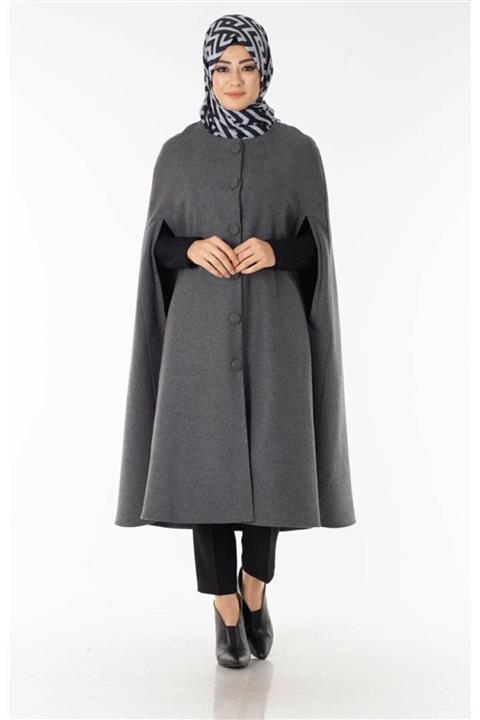 MY DREAM Tesettür Gri Rengi Kaşe Pelerin Panço