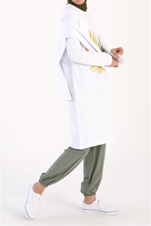 ALLDAY Beyaz Yaprak Baskılı Uzun Kollu T-shirt Tunik