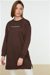 Trendyol Modest Kahverengi Bisiklet Yaka Baskılı Örme Sweatshirt TCTAW22TW0194