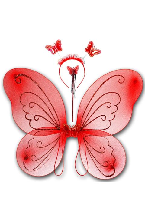 Süsle Baby Party Kelebek Kanat, Asa Ve Taç 3'lü Set - Kırmızı