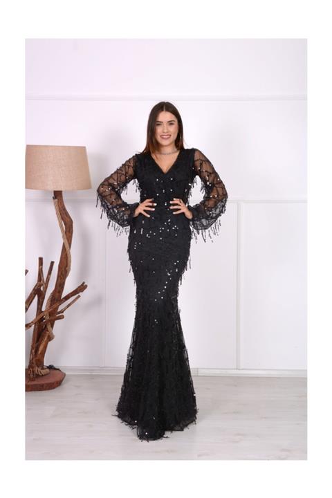 giyimmasalı Pul Saçaklı Tasarım Elbise - Siyah