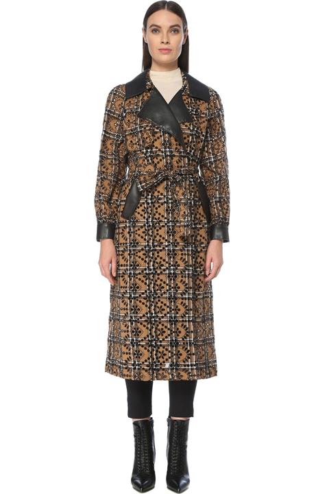 Network Kadın Ekoseli Nakışlı Kruvaze Pardösü 1077210