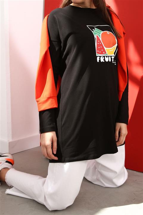 ALLDAY Kadın Siyah Fruit Baskılı T-shirt Tunik