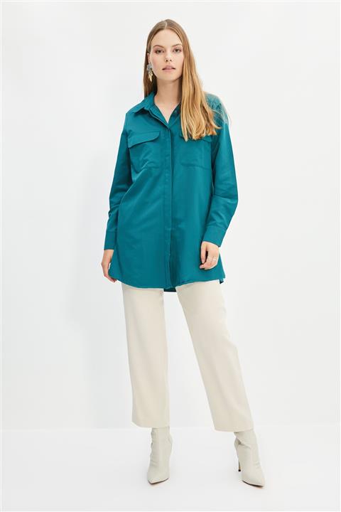 Trendyol Modest Koyu Yeşil Gömlek Yaka Tunik TCTSS21TN0058