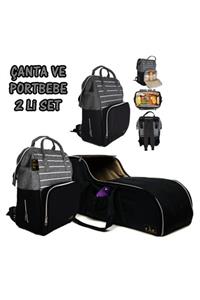 USF Portbebe Ana Kucağı Puset Bebek Taşıma Anne Bebek Bakım Çantası 2 Li Set Çizgili Gri-siyah