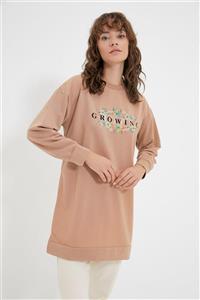 Trendyol Modest Camel Bisiklet Yaka Baskılı Örme Sweatshirt TCTAW22TW0240