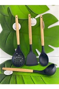 FBZhome Siyah Bambu Saplı Silikon Kepçe Kevgir Kaşık Spatula Set 4lü 32.5 cm