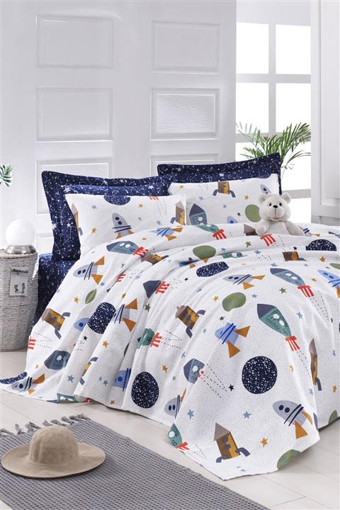 Enlora Home Enlora %100 Doğal Pamuk Pike Örtü Battal Baskılı 220x230cm Spacex Lacivert