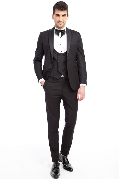 Kiğılı Erkek Siyah Slim Fit Şal Yaka Desenli Smokin Damatlık