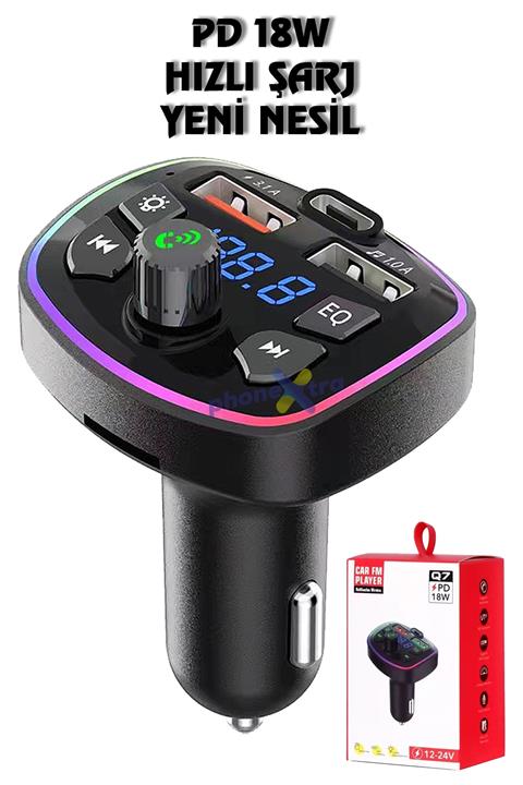 Phonextra Q7 Pd 18w Yeni Nesil Hızı Şarj Bluetooth Araç Fm Modülatör Mp3 Çalar Usb Hafıza Kartı Müzik Telefon