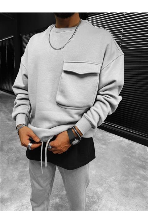 ablukaonline Erkek Süper Oversize Önü Cepli Sweatshirt Ice Gri