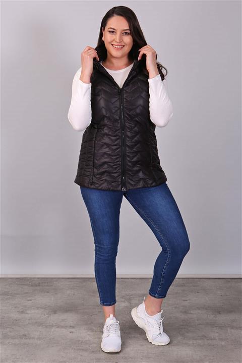 Metpoint Zikzag Desenli Uzun Siyah Şişme Yelek