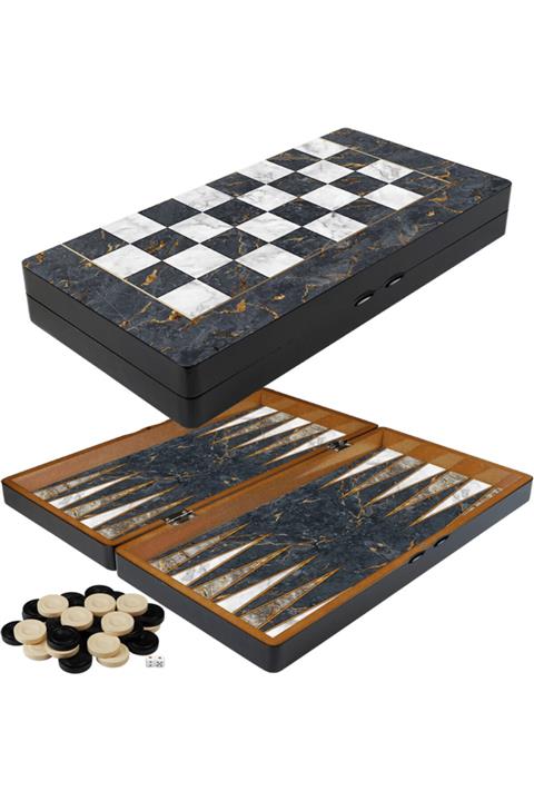 Yenigün Ahşap Mermer Desen Tavla Cilalı Lüx Dama Oyun Pulu Takımı