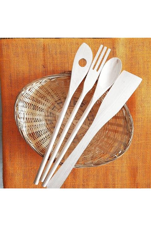 ZUZU MADE 4 Parça Ahşap Kaşık Mutfak Seti Tahta Kaşık Çatal Spatula 30 Cm - Mutfak Seti 4 Parça Natural Ahşap