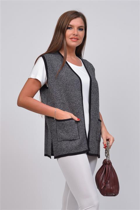 TUSSE Kazayağı Desenli Düğmesiz Cepli Örme Büyük Beden Yelek