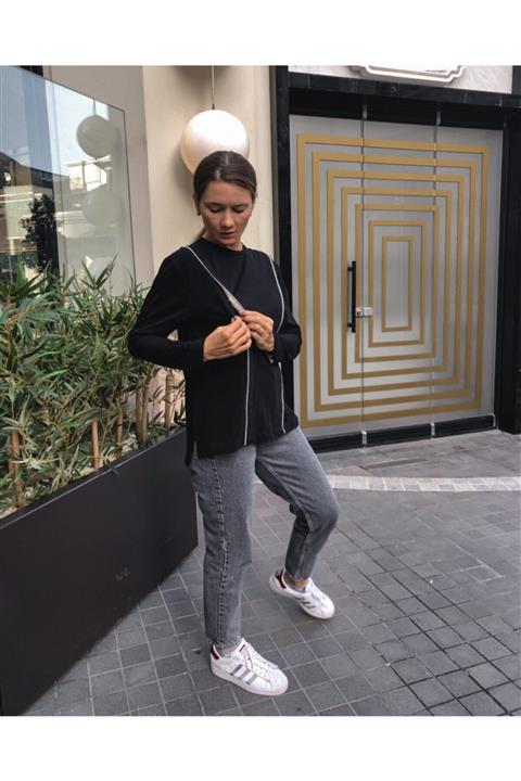 melon brand Kadın Siyah Uzun Kollu Emzirme Bluz