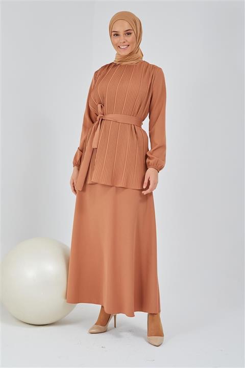 meqlife Önü Piliseli Kuşaklı Etekli Takım - Camel