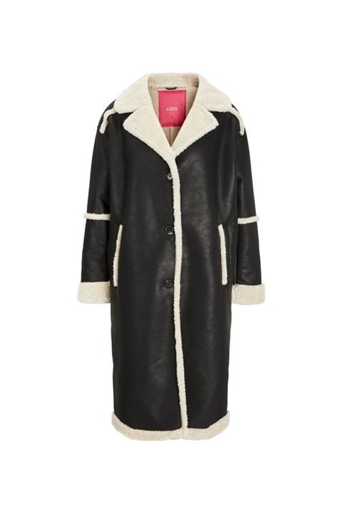 JJXX Jxcasey Long Faux Shearling Coat Sn V Yaka Normal Kalıp Düz Siyah Kadın Mont