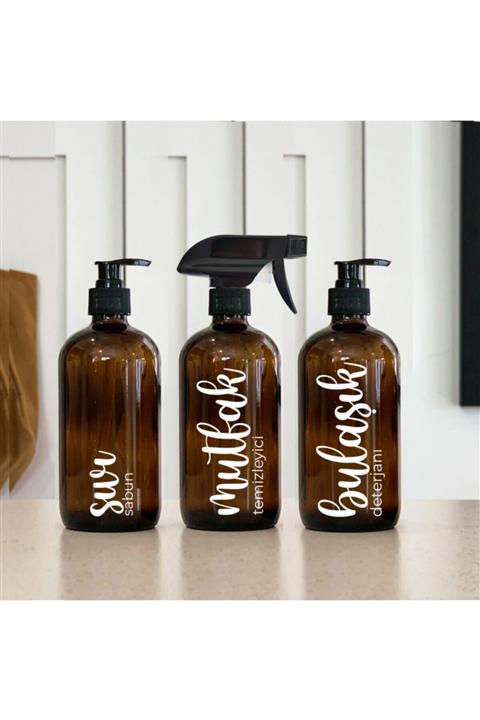 BLS Home Amber Cam Şişe - Sıvı Sabun, Mutfak Temizleyici Ve Bulaşık Deterjanı 3'lü Banyo Seti - 500 Ml.