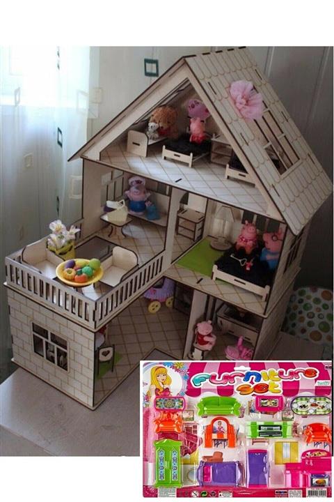 3ALAZERPLEKSİ 3 Katlı Çiftyüz Krem Renkli Barbie Evi Ahşap Çocuk Oyun Evi Eşyalı