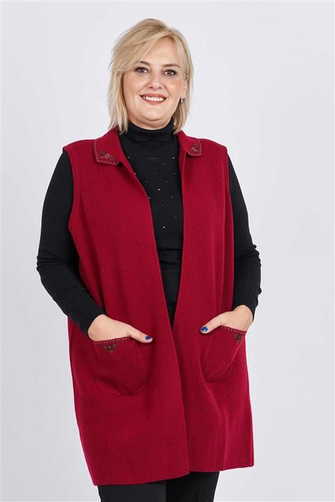 Desen Triko Kadın Vişne Yaka ve Cep Detaylı Yün Yelek