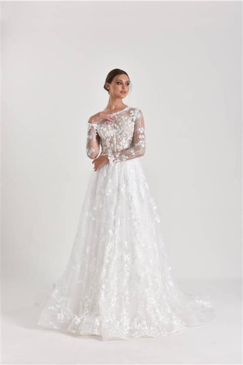 Mediha Cambaz Bridal Sara Sarmaşık Çiçek Desenli Hakim Yaka A Kesim Gelinlik Özel Tasarımı