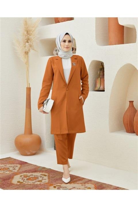 NS Suud Ceket Pantolon Kemerli Krep Takım Taba Model-109