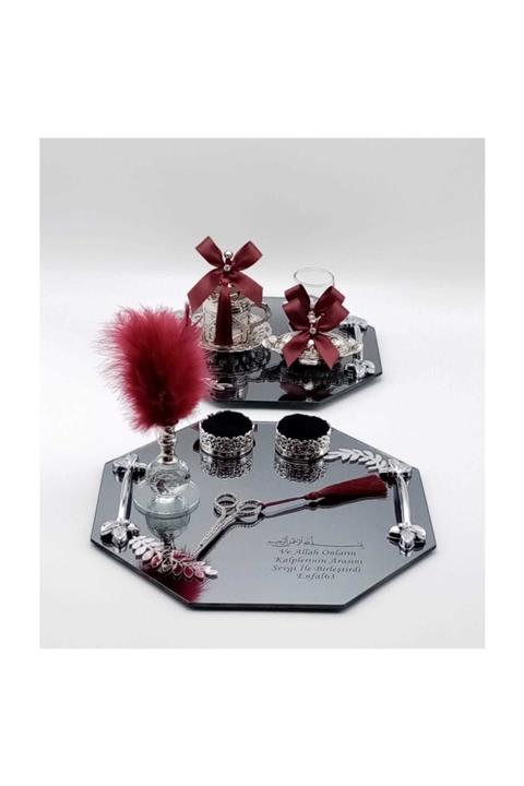 Aker Hediyelik Dualı  Enfal Suresi 63.ayet Yazılı Petek Aynalı Söz Nişan Tepsisi & Damat Kahvesi