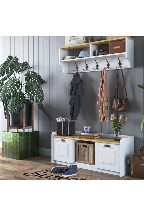 Rani Mobilya Rani P2 Modern Portmanto Ayakkabılık Ve Duvar Askısı Beyaz Açık Ceviz Vestiyer M1