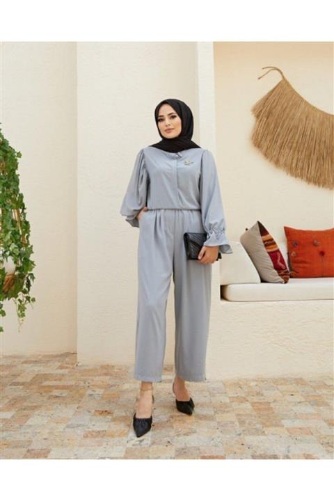 NS Suud Kol Detaylı Belden Lastikli Çok Rahat Tulum Gri Model-348