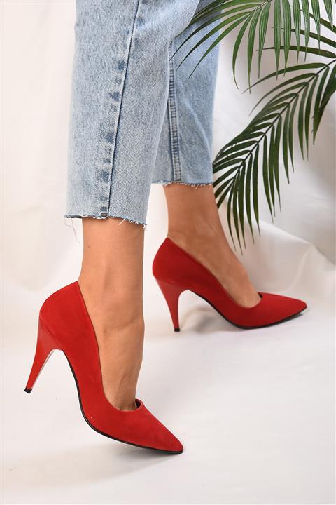 Shoeberry Kadin Kirmizi Süet Klasik Topuklu Stiletto