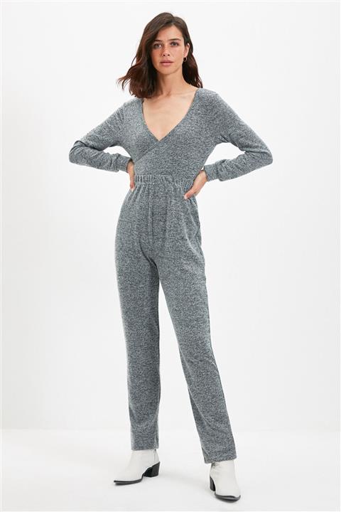 TRENDYOLMİLLA Antrasit V Yaka Yumoş Örme Tulum TWOAW22TU0103