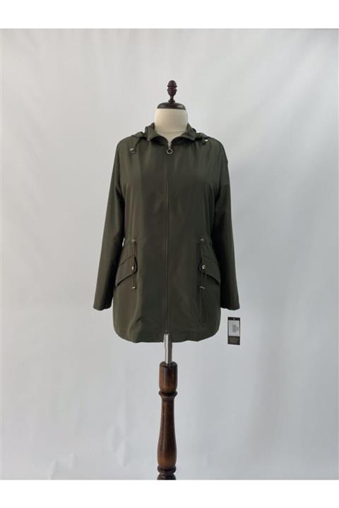 Lalezar Kadın Haki Fermuarlı Kapüşonlu Trençkot