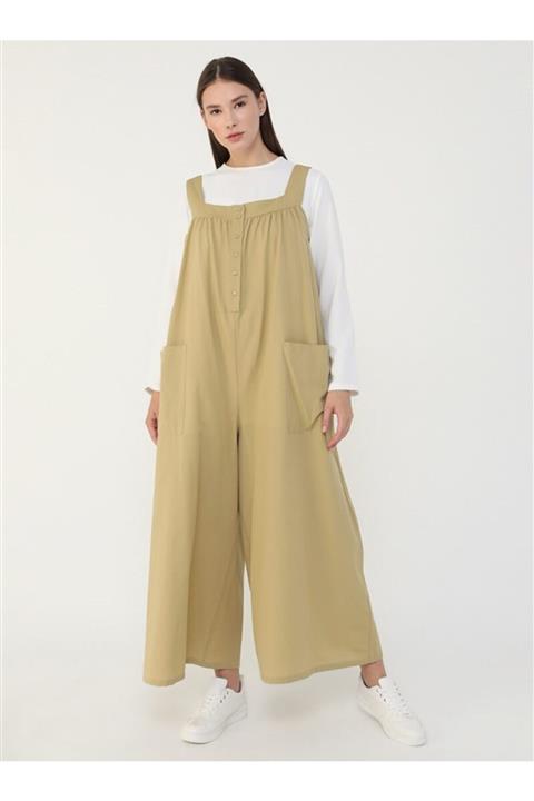 Benin Kalın Askılı Düğme Ve Cep Detaylı Salaş Tulum