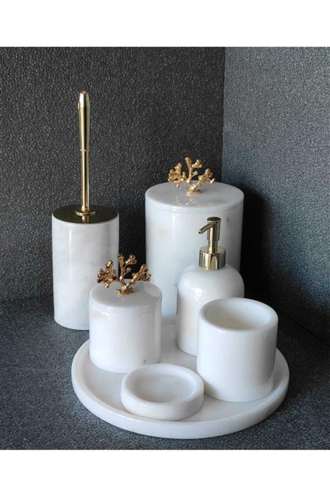 Polen Stone Beyaz Mermer Gold Aksesuarlı 7'li Banyo Seti