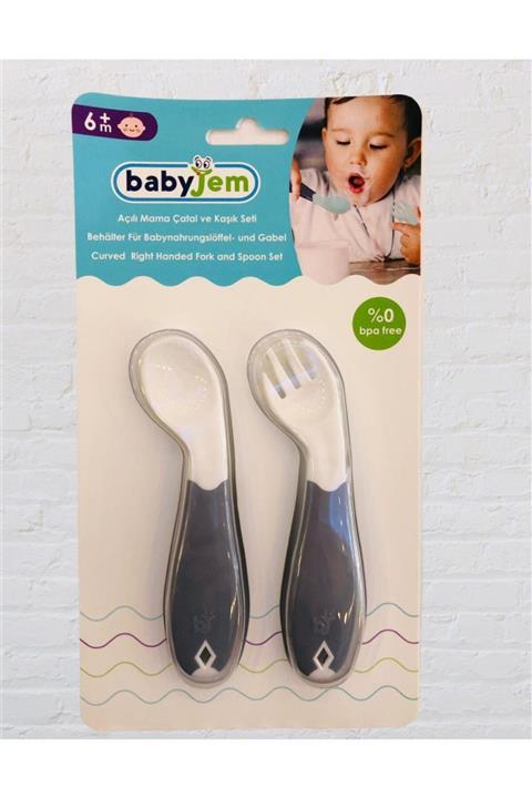 Babyjem Açılı Mama Çatal Kaşık Seti Mat Beyaz