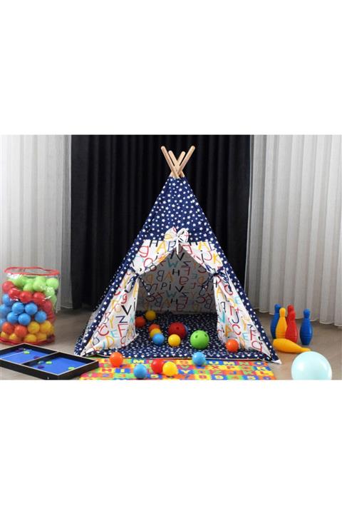 miniks Lacivert Harfli Ahşap Çocuk Çadırı Kızılderili Çadırı Oyun Evi Oyun Çadırı