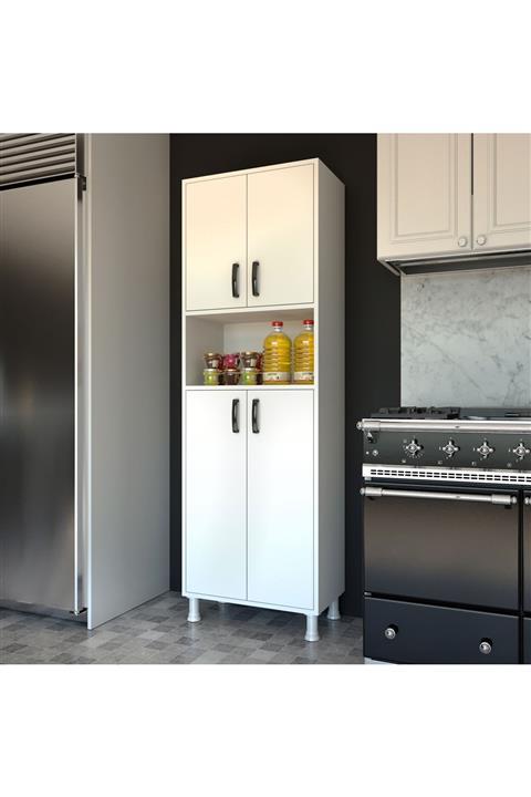 Rani Mobilya F1 Çok Amaçlı Dolap 4 Kapaklı 6 Raflı Banyo Balkon Mutfak Dolabı Beyaz M7