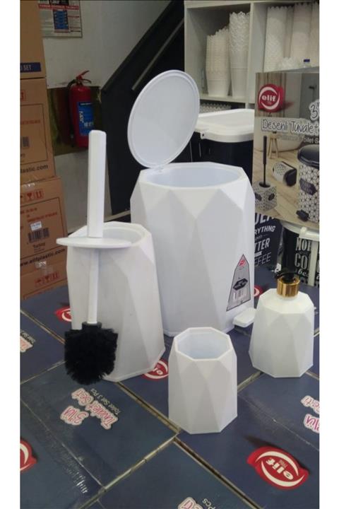 elifplastik 4'lü Geo Banyo Seti Plastik 5 Lt Çöp Kovası Tuvalet Fırçası Lavabo Takımı 4lü (BEYAZ)