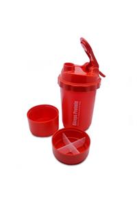 Bayz Tasarım Shaker 3 Bölme Toz Karıştırıcı Protein Ayran Milk Shake Sütlü Çikolata Karıştırıcı Kırmızı