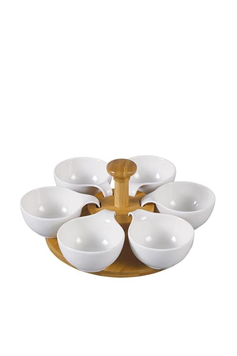 Acr Home Dönerli Bambu Standlı Yuvarlak Beyaz Porselen Servis Sosluk