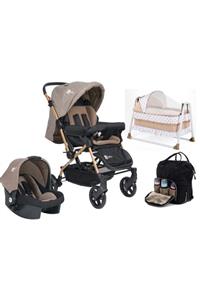 4 Baby 4 Lü Set Olimpos Bebek Arabası Travel Puset Termal Çanta Beşik Kahve Gold