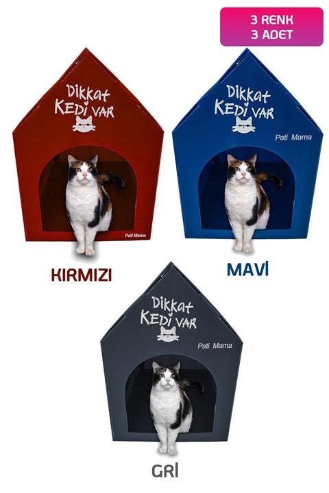 Pati Mama Plastik Desenli Kedi Evi - Kedi Kulübesi - Kedi Yuvası - Dikkat Kedi Var - 3 Renk Mavi, Kırmızı, Gri