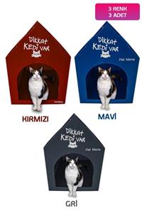 Pati Mama Plastik Desenli Kedi Evi - Kedi Kulübesi - Kedi Yuvası - Dikkat Kedi Var - 3 Renk Mavi, Kırmızı, Gri