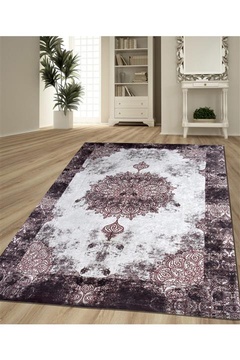 Nur Home Mürdüm Lastikli Halı Örtüsü