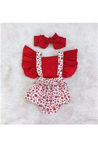 AKİF GİYİM Kız Bebek Çilek Desenli Askılı Şort Bandana Romper Takımı